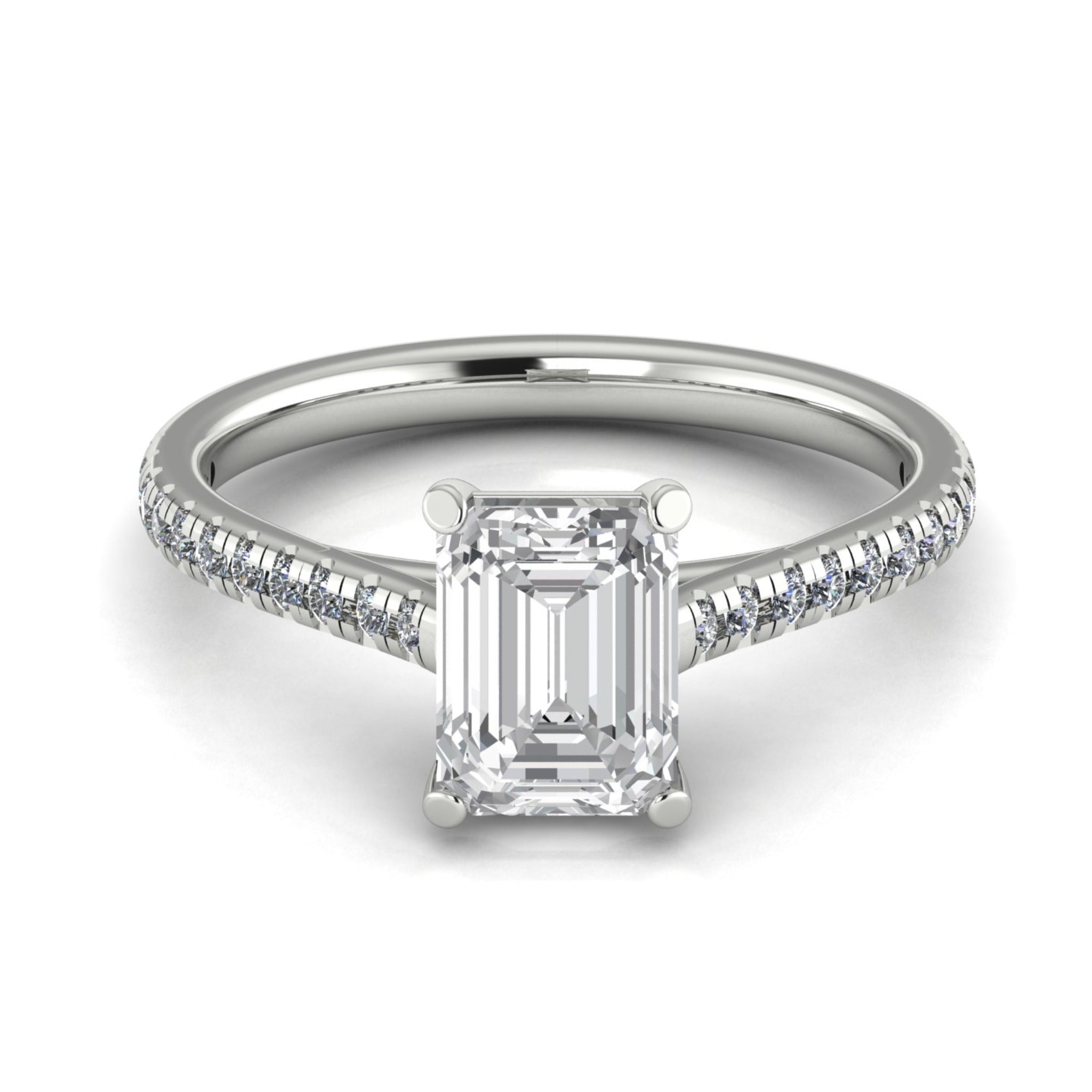 Anillo de compromiso solitario corte esmeralda pave