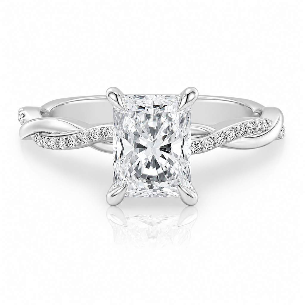 Anillo de compromiso solitario esmeralda pave infinito oro blanco