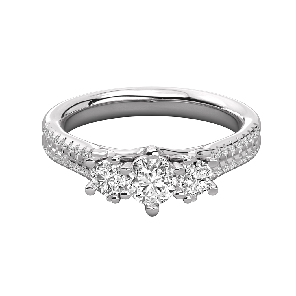 Anillo de compromiso tres piedras pavé