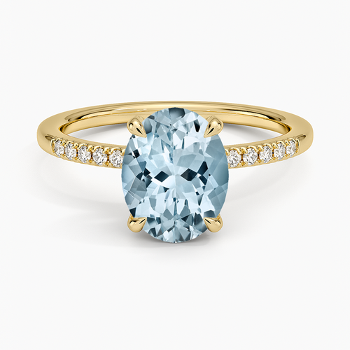 Anillo de compromiso pavé, forma oval, con aguamarina, en oro amarillo, Joyería Bruzzone