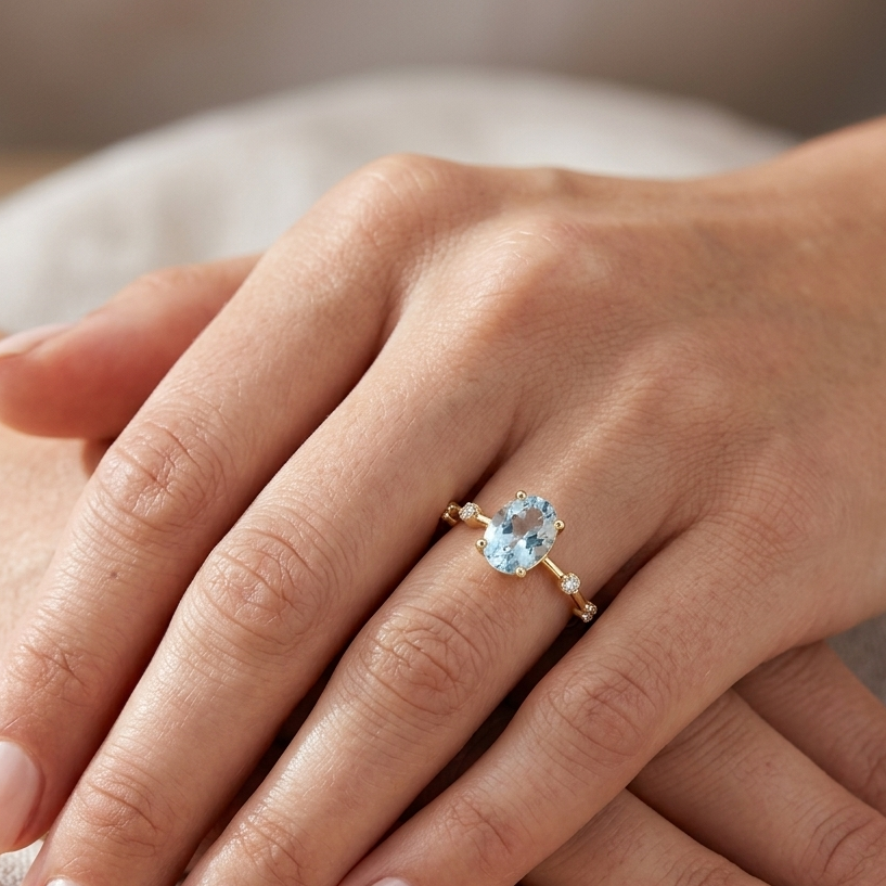 Anillo de compromiso aguamarina ovalada piedras
