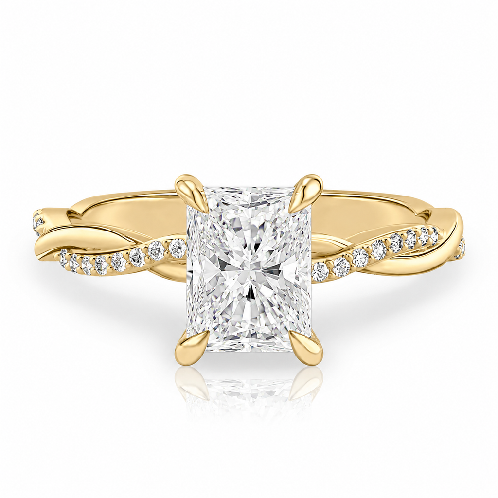 Anillo de compromiso solitario esmeralda pave infinito Oro amarillo
